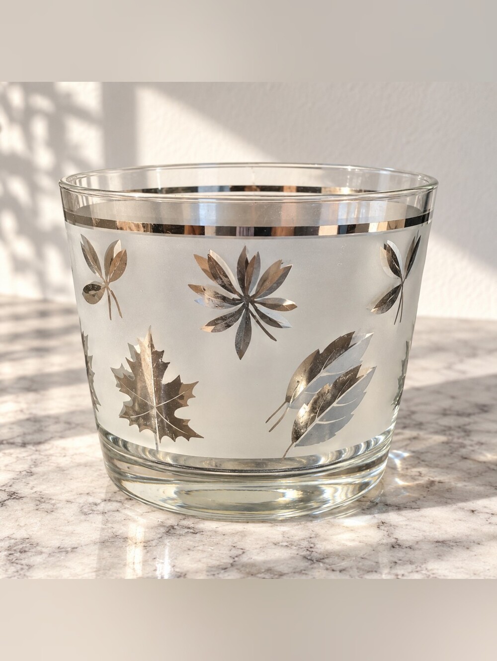 Vintage Libbey Silver Leaf Frosted Glass Ice Bucket MCM Barware 5"